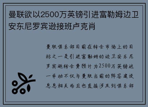 曼联欲以2500万英镑引进富勒姆边卫安东尼罗宾逊接班卢克肖