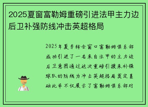 2025夏窗富勒姆重磅引进法甲主力边后卫补强防线冲击英超格局